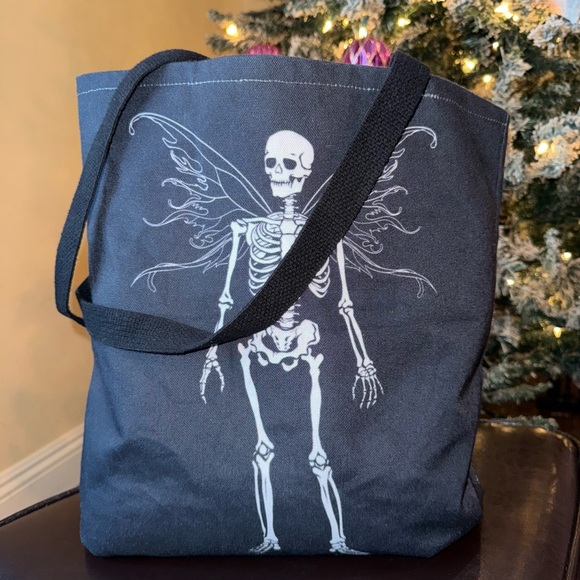Black Canvas Tote Bag w Fairy Skeleton Whimsygoth Grunge Fairycore Aesthetic EUC - Picture 2 of 5